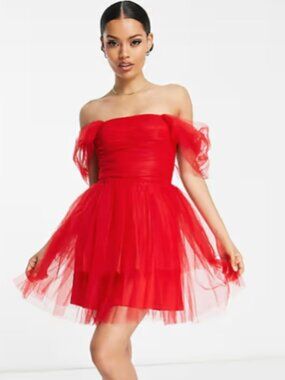 Lace & Beads Petite off shoulder wrapped tulle mini dress in pillarbox